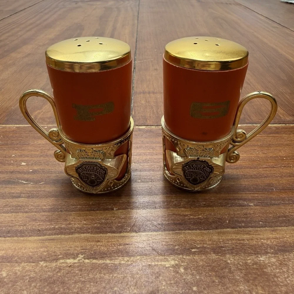 Vintage MCM St Louis Zoo Salt and Pepper Shakers Japan Wood Gold Holder Kitsch